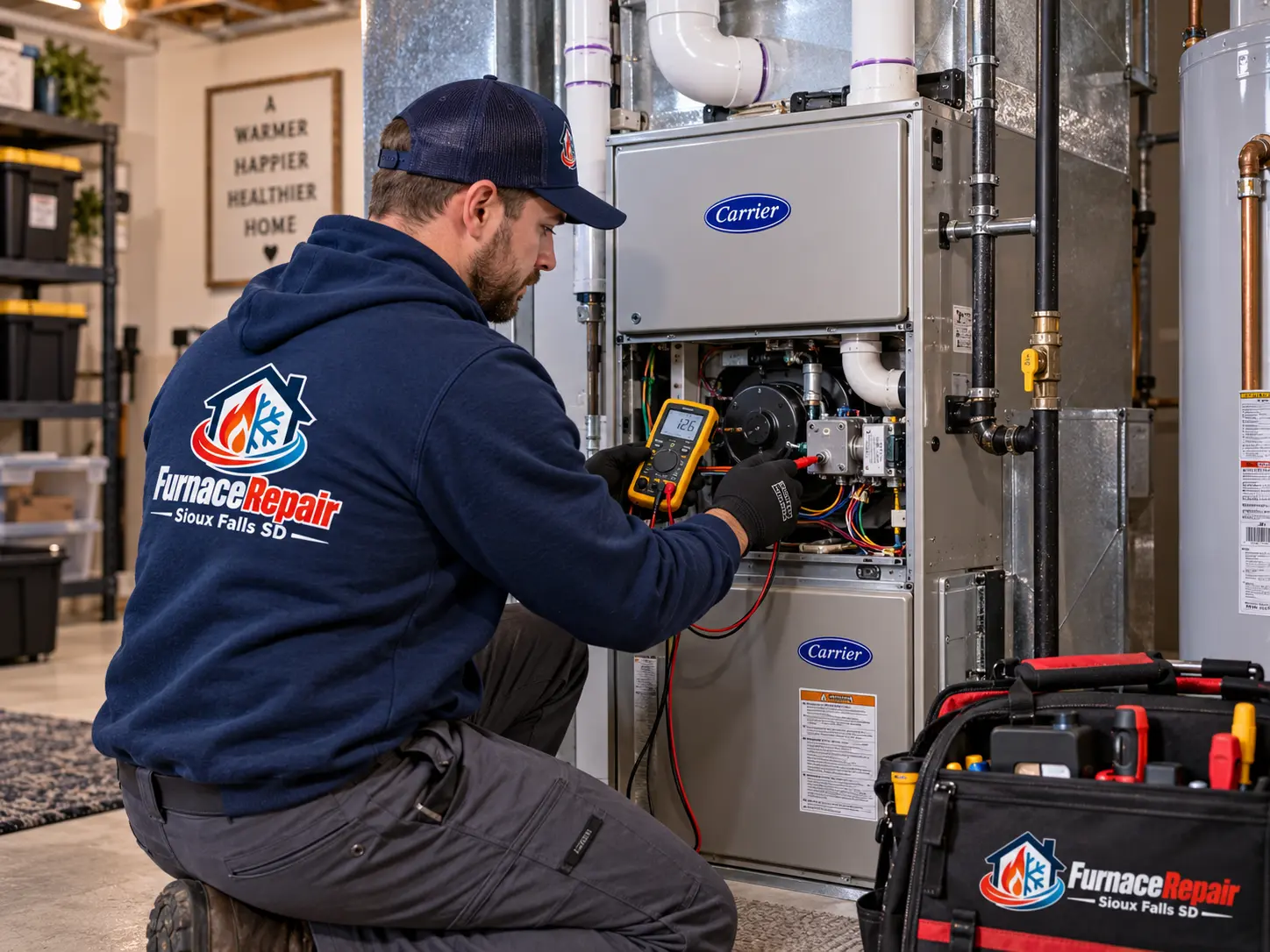 Technician testing furnace controls with a multimeter in a Sioux Falls home